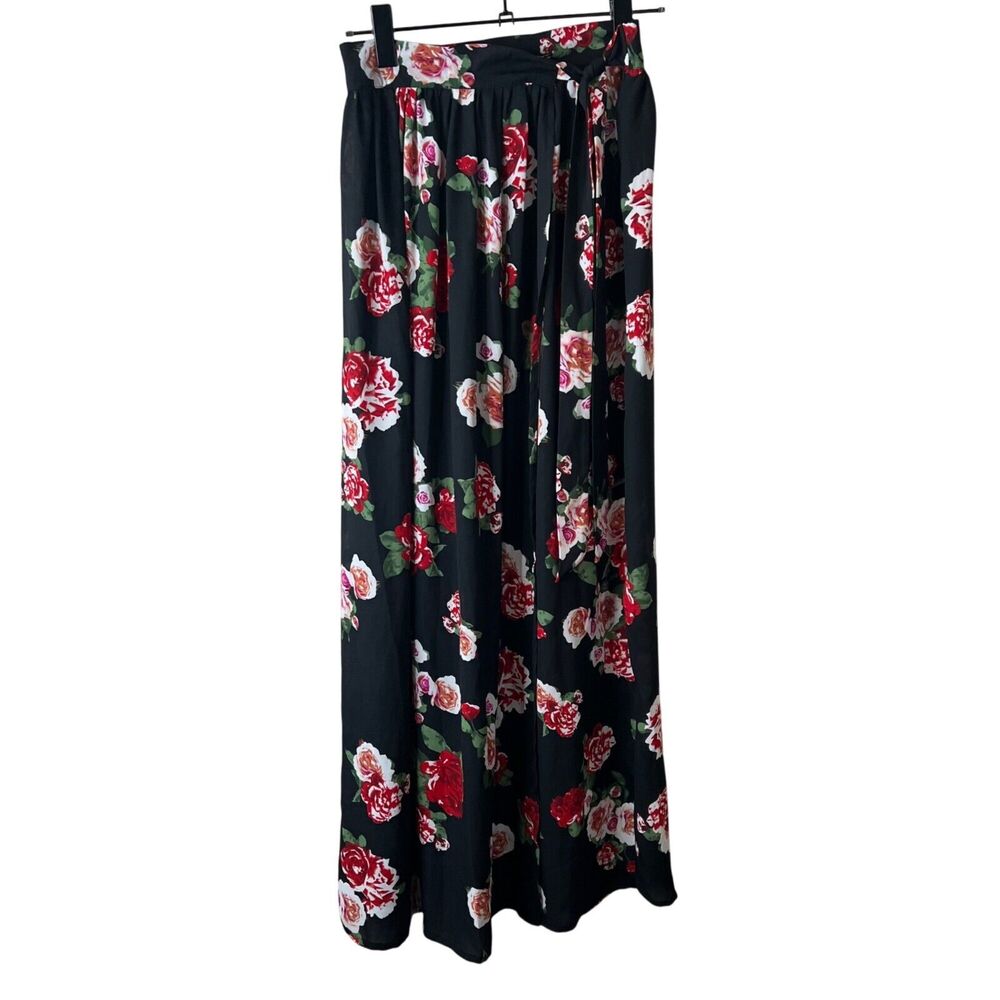Boohoo Womens Floral Maxi Skirt With Tie Waist Black Red 6 Whimsy Romantic